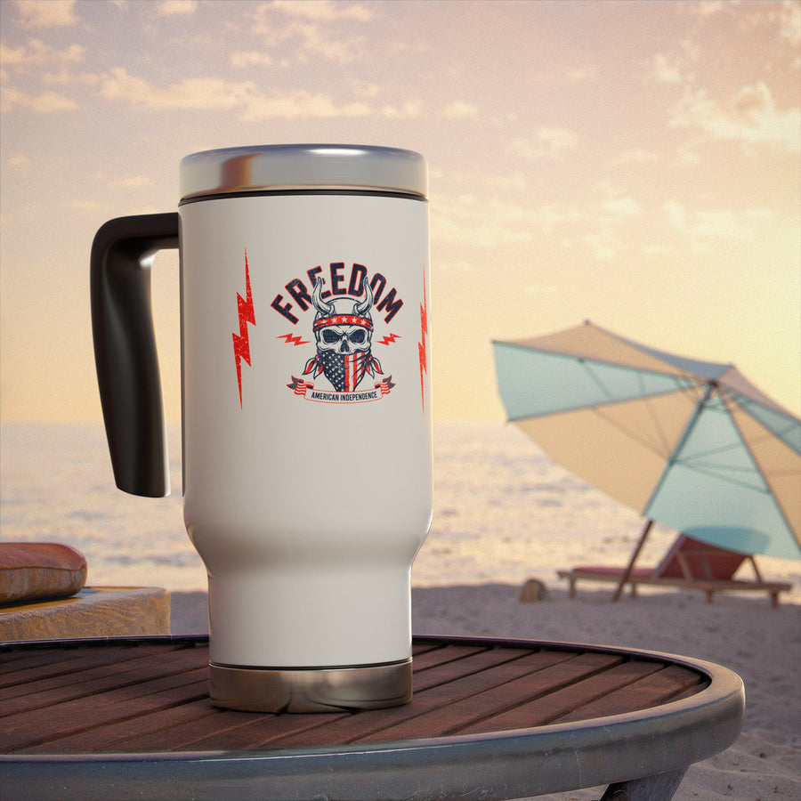 Freedom Patriotic Skull Travel Mug, American Flag Stainless Steel Cup, Red White and Blue 14 oz Tumbler
