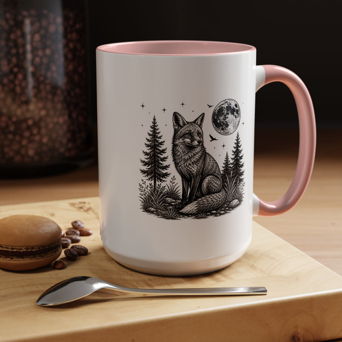 Fox Moon Mug, Black and White Woodland Coffee Cup, Celestial Forest Animal Gift for Fox Lover, Rustic Cabin Decor, Nature Birthday Present