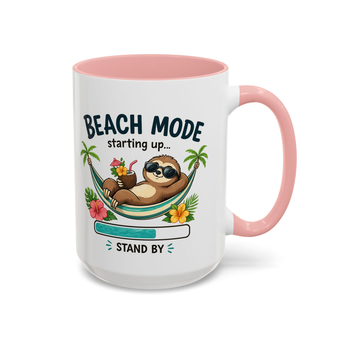 Beach Mode Sloth Coffee Mug, Funny Summer Vacation Gift for Sloth Lovers, Cute Tropical Hammock Ceramic Tea Cup with Blue Handle
