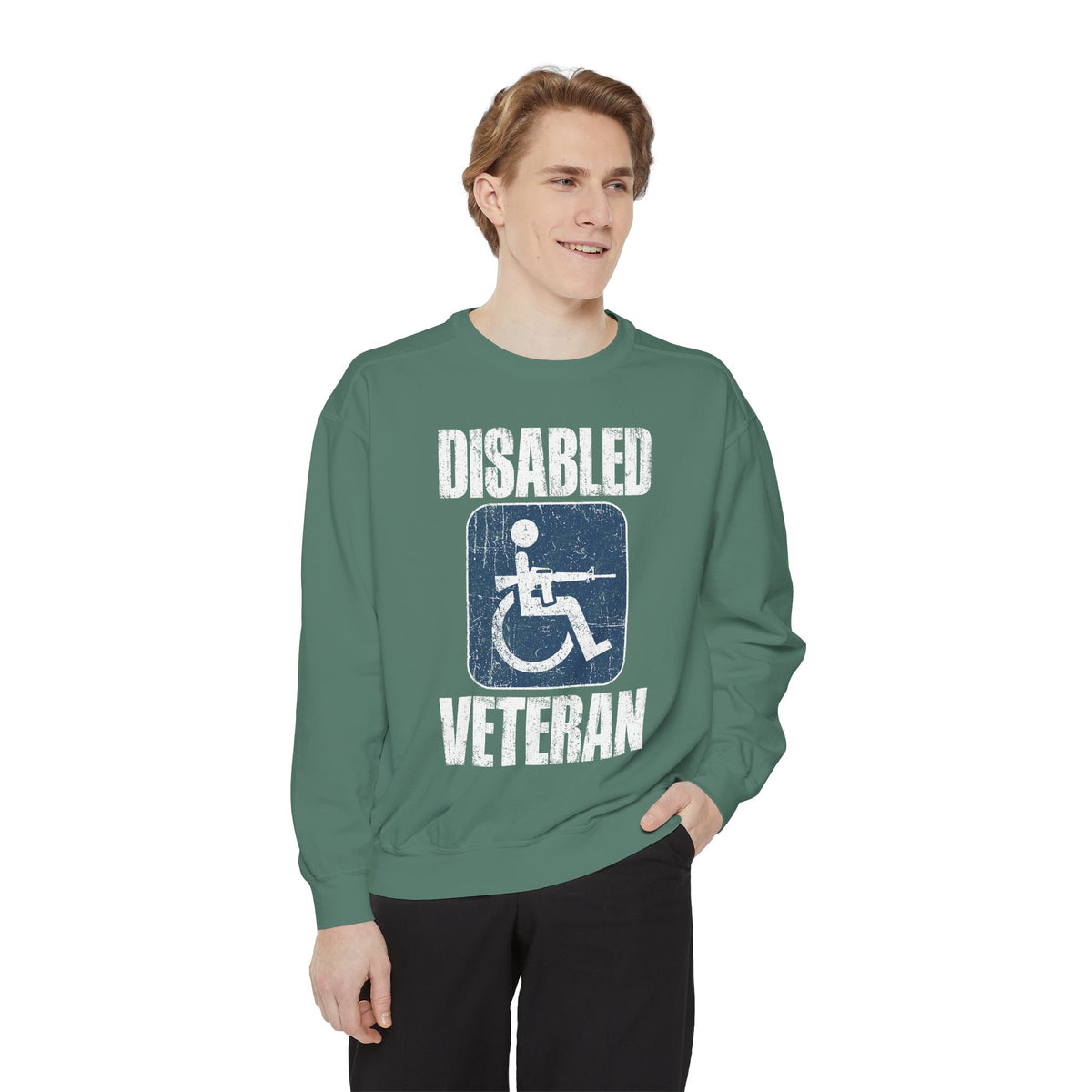 Disabled Veteran Sweatshirt, Distressed Wheelchair and Rifle Graphic, Military Service Pride, Veterans Day Gift and Everyday Casual Wear