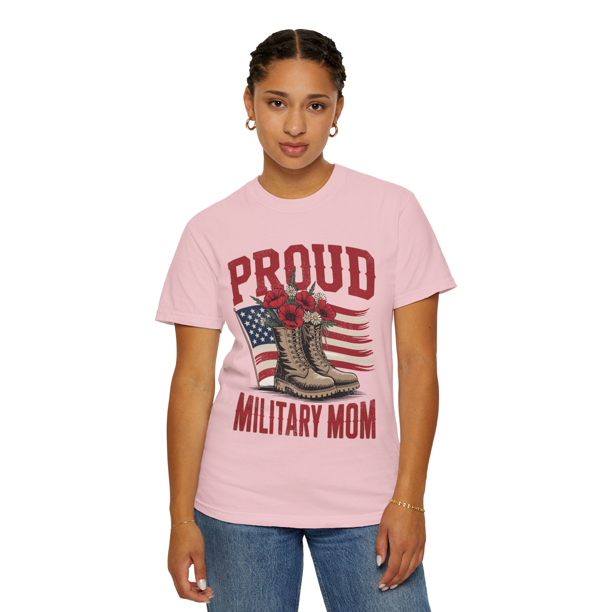Proud Military Mom Shirt, Patriotic Army Mom T Shirt, Boots and Flowers Graphic Tee, American Flag Family Support Gift