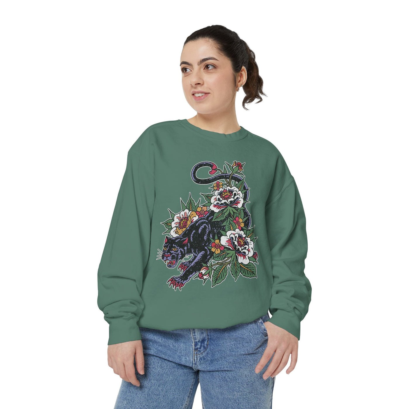 Traditional Panther Graphic Sweatshirt, Floral Tattoo Pullover for Men and Women, Old School Big Cat Top
