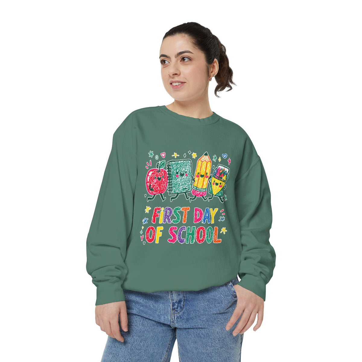 First Day of School Sweatshirt, Colorful School Supplies Pullover, Cute Teacher Outfit, Student Back to Class Gift, Classroom Crewneck