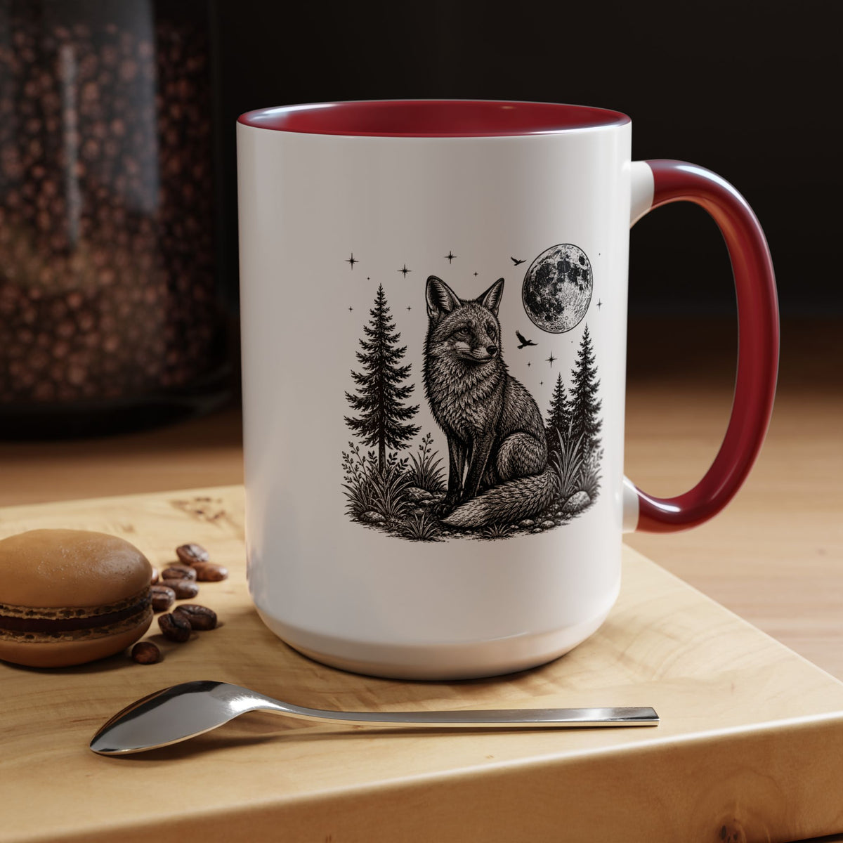 Fox Moon Mug, Black and White Woodland Coffee Cup, Celestial Forest Animal Gift for Fox Lover, Rustic Cabin Decor, Nature Birthday Present