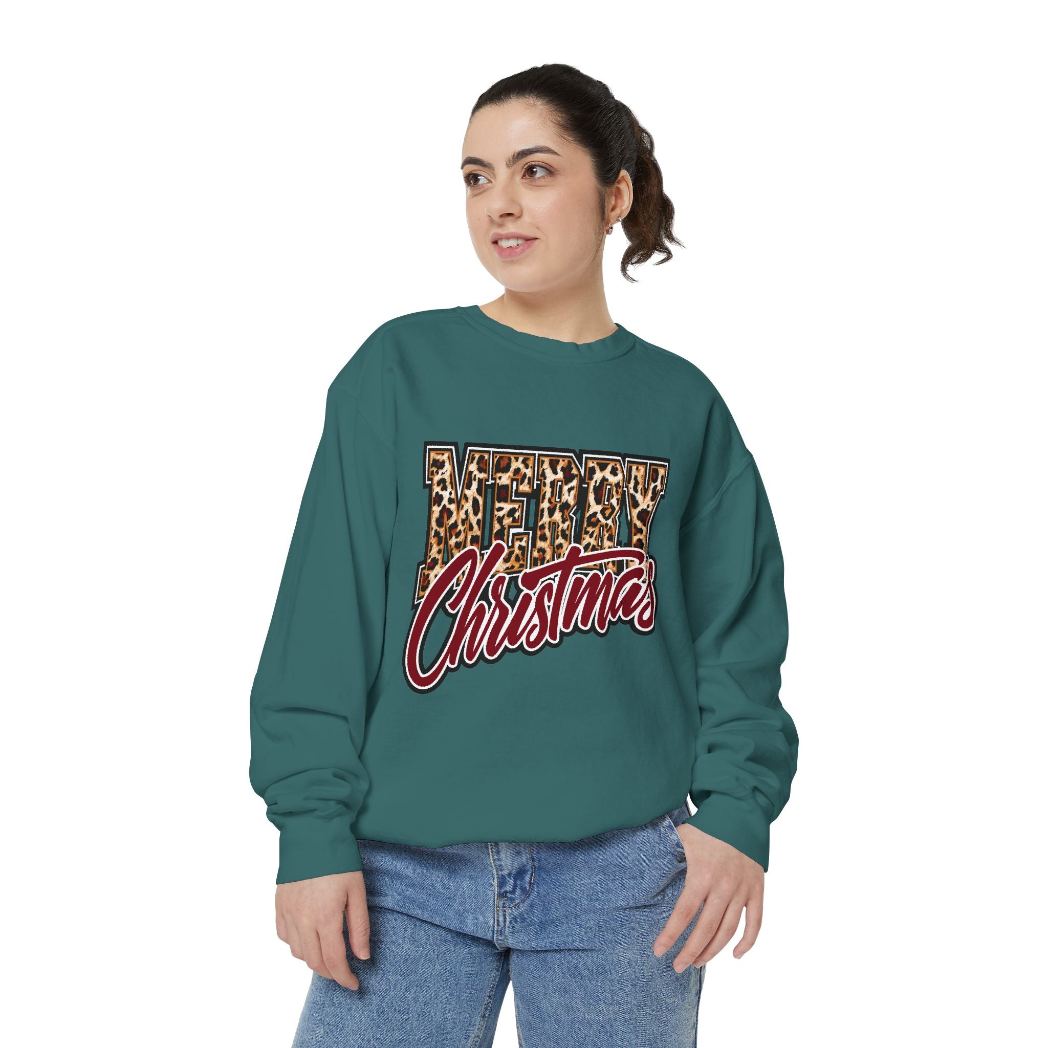 Merry Christmas Leopard Print Sweatshirt, Trendy Holiday Crewneck, Cheetah Lettering Pullover, Festive Gift for Women, Mom or Teacher