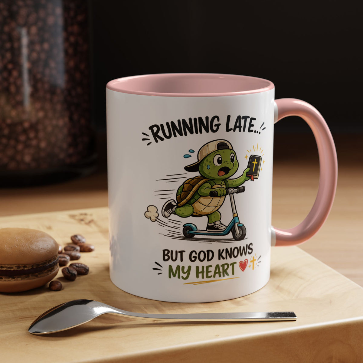 Christian Turtle Coffee Mug, Running Late But God Knows My Heart Mug, Funny Faith Based Mug, Christian Gift for Friends, Bible Lover Cup