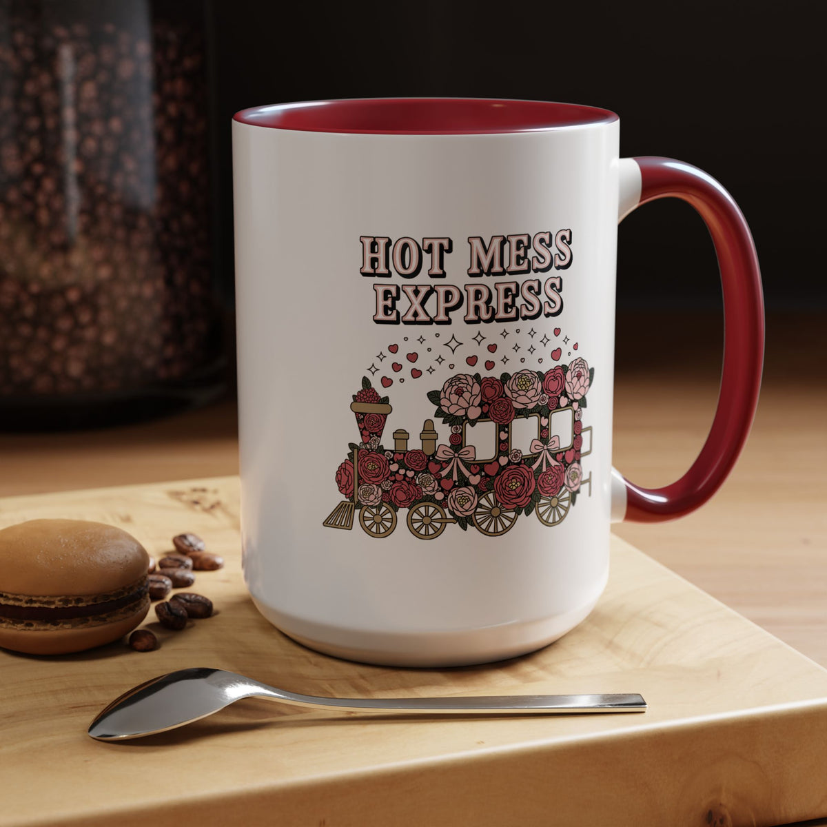 Hot Mess Express Coffee Mug, Pink Floral Train with Bows and Hearts, Funny Birthday Gift for a Busy Mom or Best Friend's Daily Coffee Break