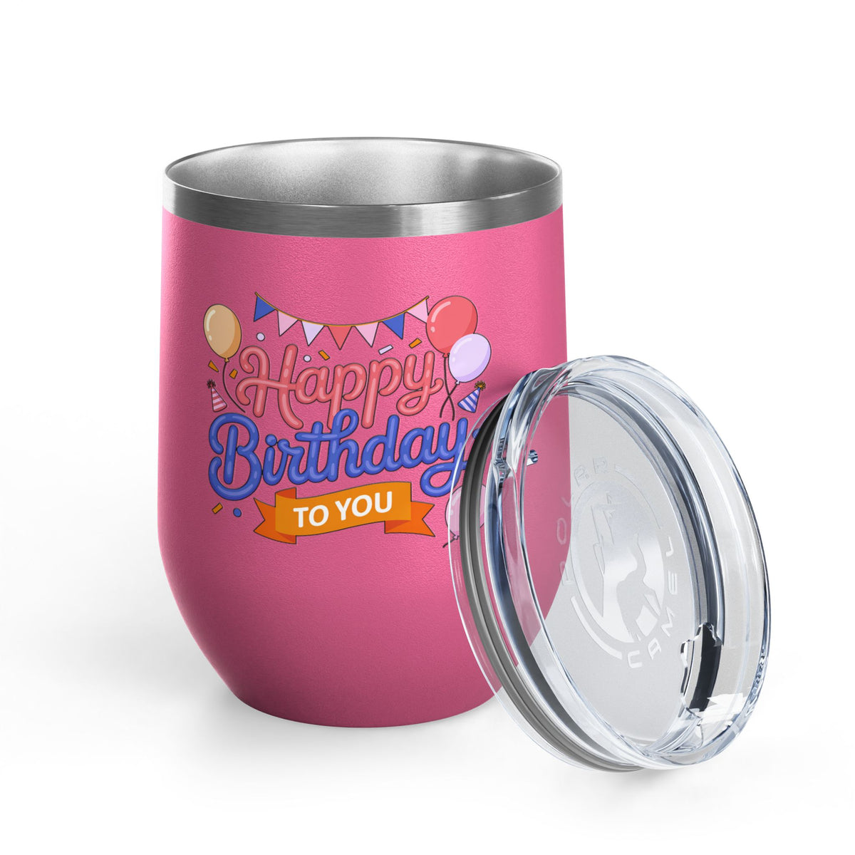 Happy Birthday to You Wine Tumbler, Pink and Blue Balloons with Party Bunting, Colorful Drinkware Gift for a Sister or Best Friend's Party