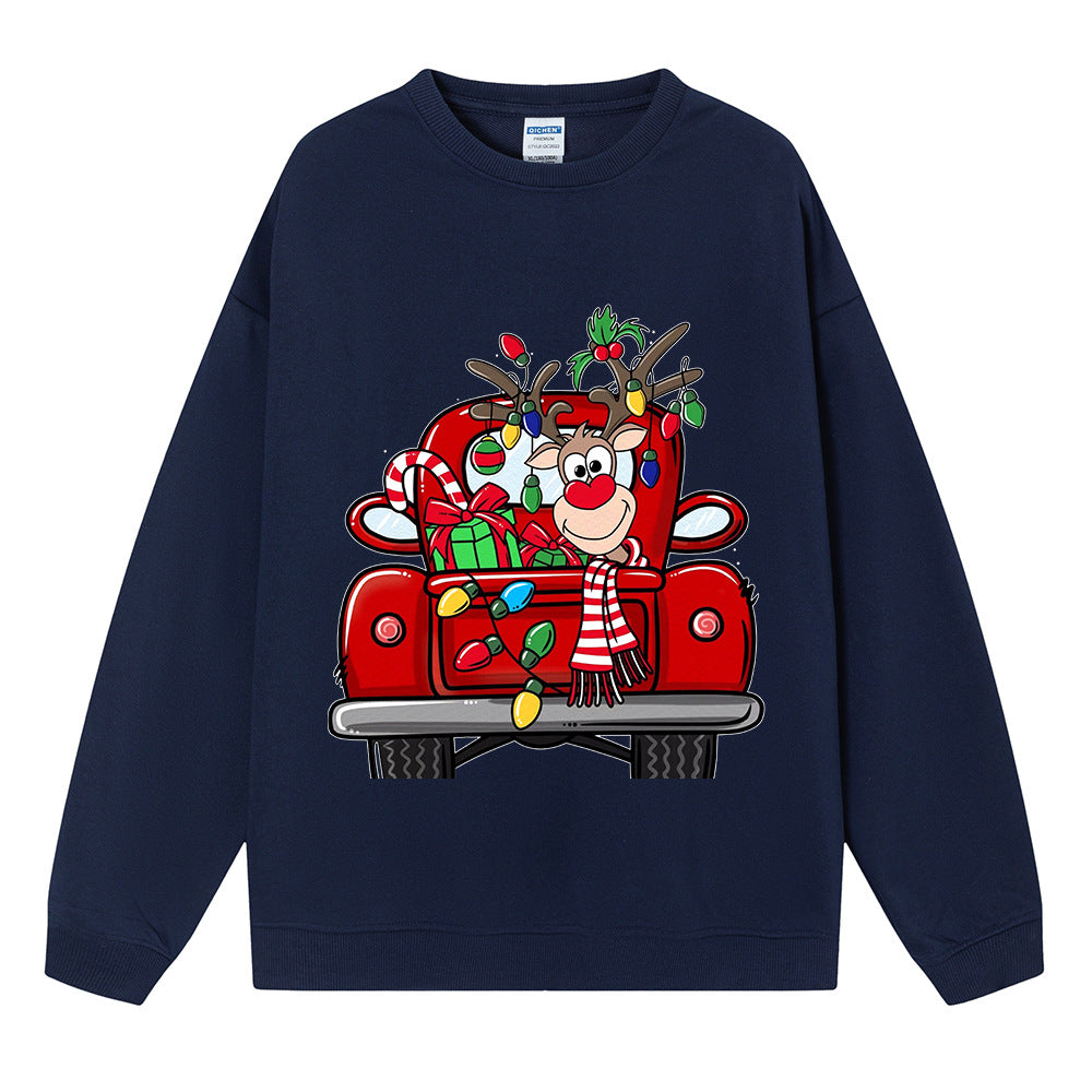 Reindeer Red Truck Sweatshirt, Christmas Graphic Crewneck Pullover