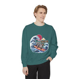 Japanese Surfing Raccoon Sweatshirt, Retro Wave Graphic Crewneck, Funny Animal Surfer Gift, Japan Inspired Beachwear Cozy Pullover