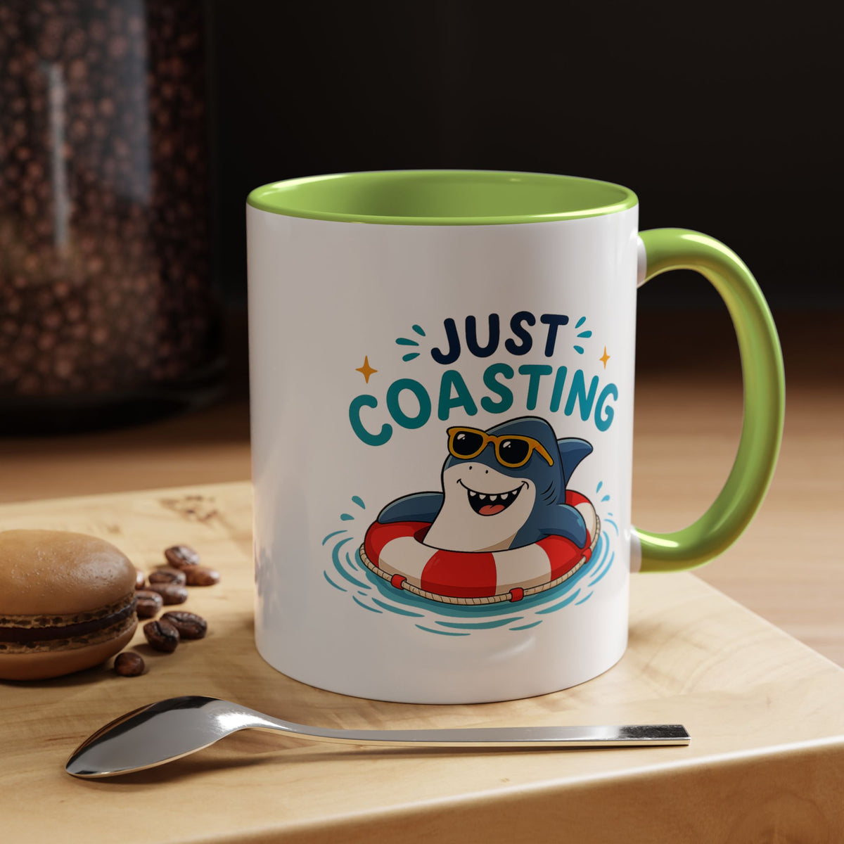 Funny Shark Coffee Mug, Just Coasting Shark Mug, Cute Beach Lover Coffee Cup, Relaxing Summer Vacation Gift for Shark Fans