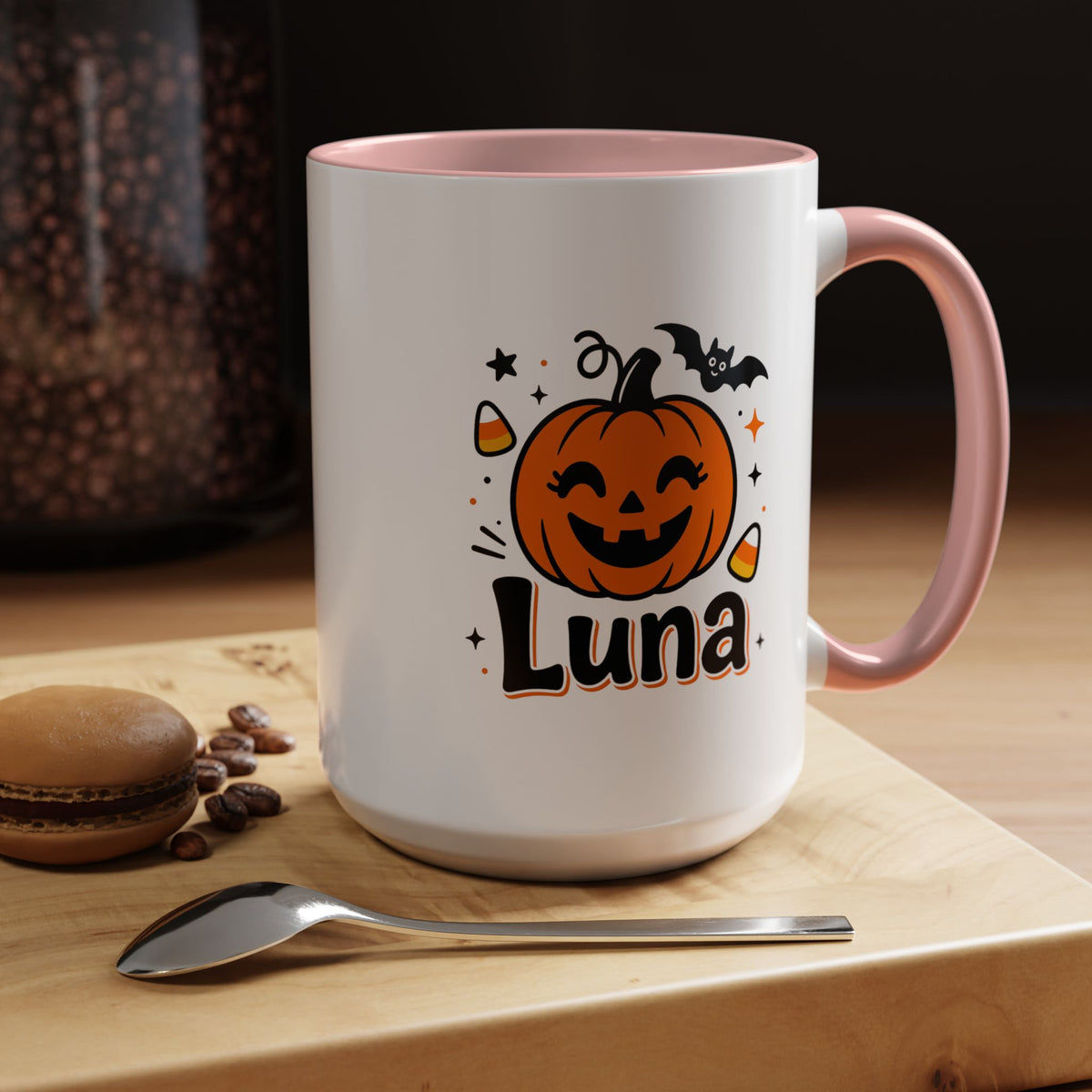 Personalized Halloween Name Mug, Custom Luna Pumpkin Coffee Cup, Cute Kids Trick or Treat Gift, Fall Birthday Present for Little Girl