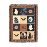 Halloween Patchwork Woven Blanket, Ghost Pumpkin Haunted House Throw, Spooky Fall Decor, Cute Gothic Halloween Gift, Cozy Autumn