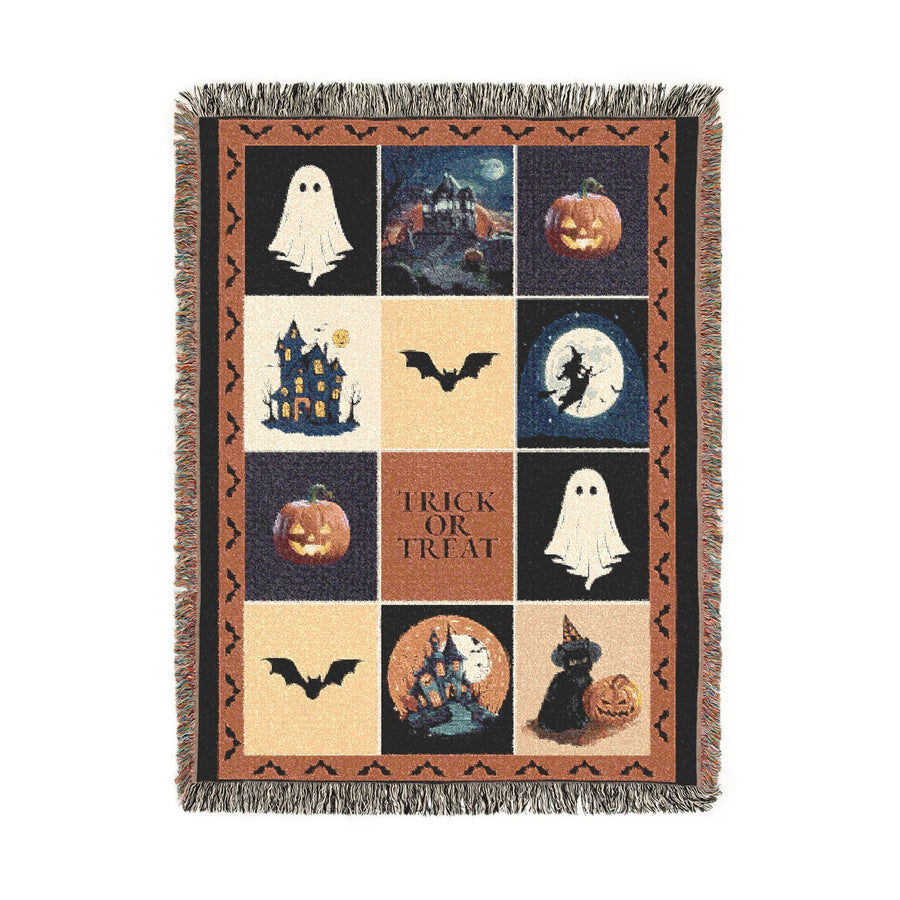 Halloween Patchwork Woven Blanket, Ghost Pumpkin Haunted House Throw, Spooky Fall Decor, Cute Gothic Halloween Gift, Cozy Autumn