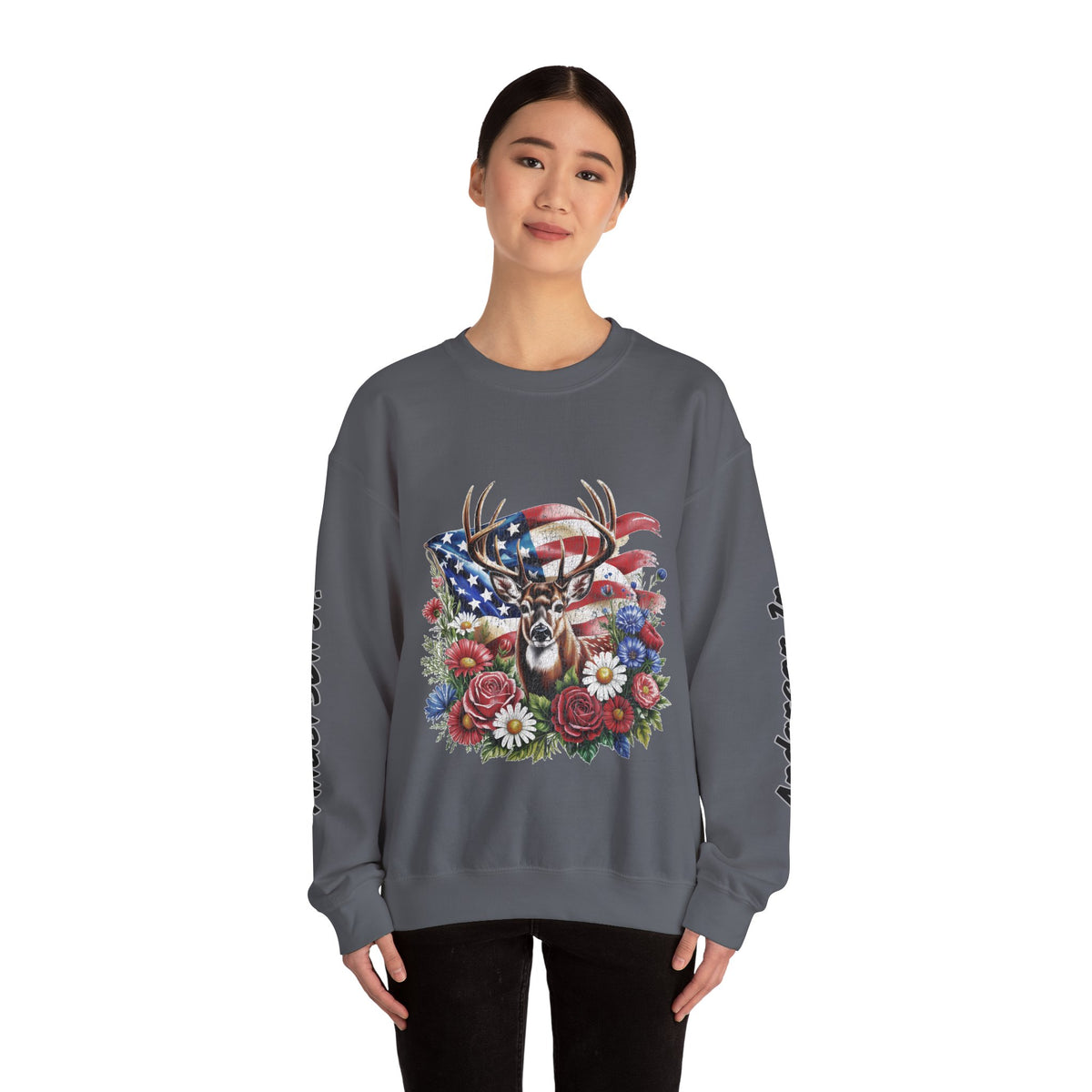 Personalized Hunting Family Sweatshirt, Custom Deer Patriotic Pullover, American Flag Floral Crewneck, Family Gift, Outdoorsman Shirt