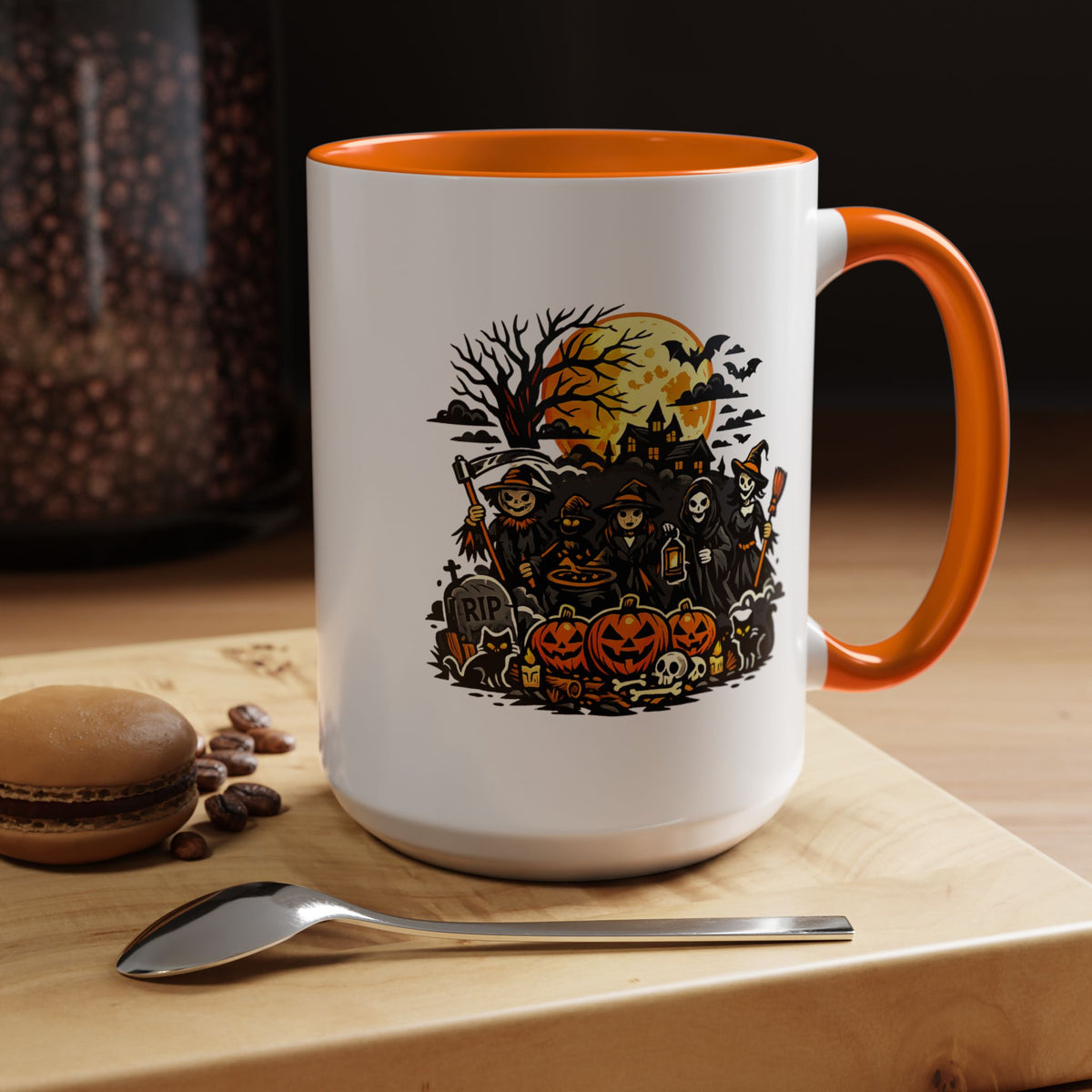Halloween Witch Coffee Mug, Spooky Reaper and Pumpkin Cup, Gothic Horror Gift for Halloween Lover, Haunted House October Drinkware