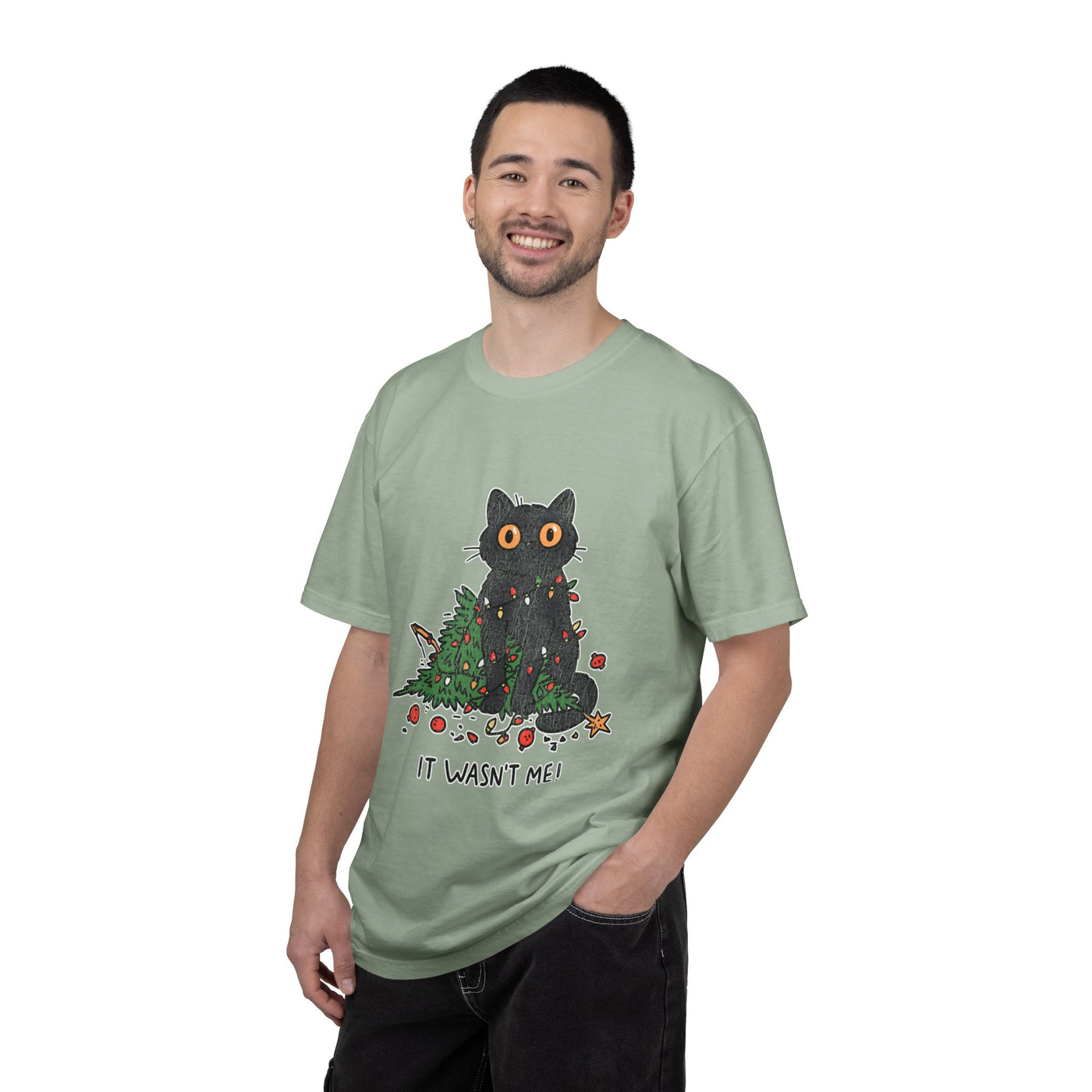 It Wasn't Me Black Cat Christmas Shirt, Funny Holiday T-Shirt, Mischievous Kitty Lights Tee, Gift for Cat Mom, Cat Dad, Christmas Party Top