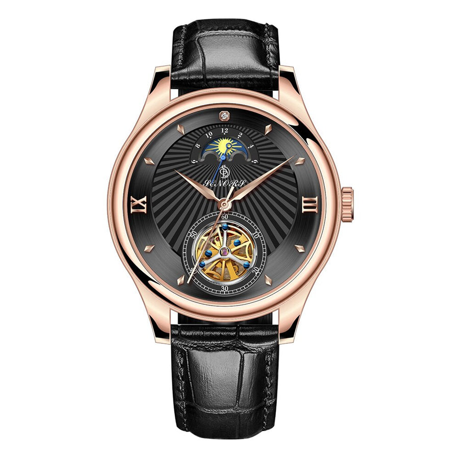 Silver automatic watch with white dial, exposed tourbillon movement window, brown leather strap