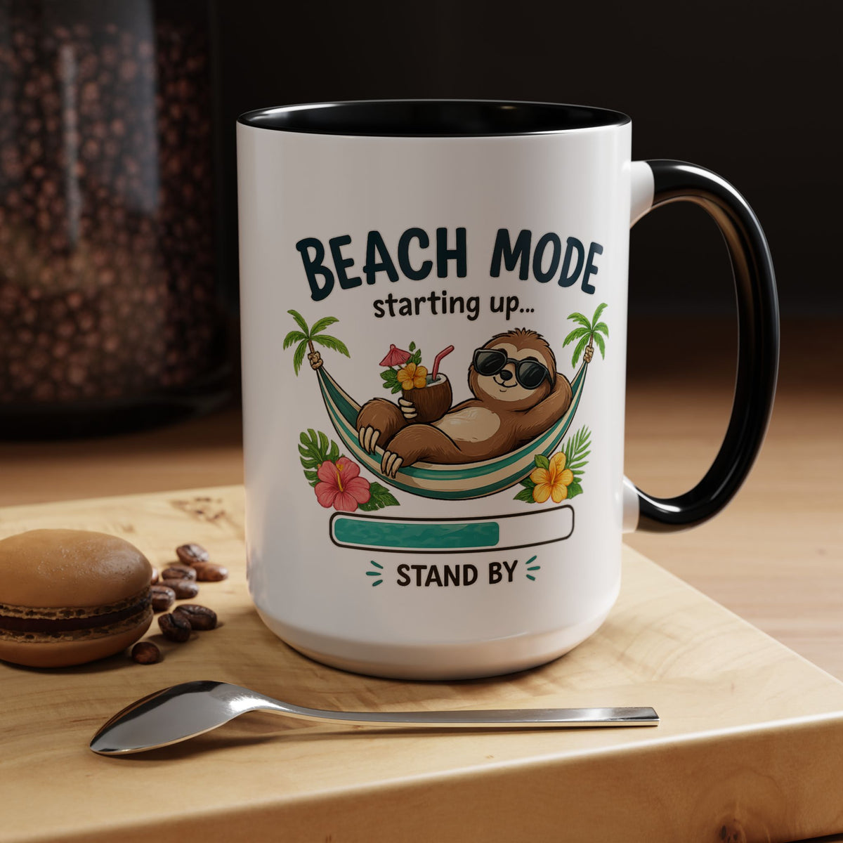 Beach Mode Sloth Coffee Mug, Funny Summer Vacation Gift for Sloth Lovers, Cute Tropical Hammock Ceramic Tea Cup with Blue Handle