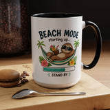 Beach Mode Sloth Coffee Mug, Funny Summer Vacation Gift for Sloth Lovers, Cute Tropical Hammock Ceramic Tea Cup with Blue Handle