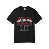 Christmas Wine Glass Shirt, Rhinestone Style Santa Hat T-Shirt, Sparkly Holiday Party Tee, Gift for Wine Lover or Girls Christmas Night