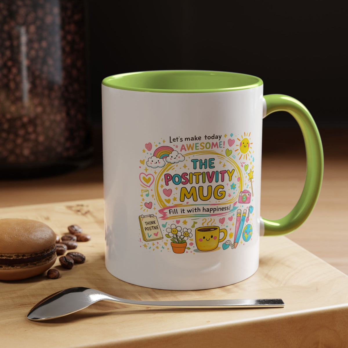 The Positivity Mug, Funny Sarcastic Office Gag Gift for Coworkers, Bright Doodle Aesthetic Motivational Coffee Cup with Orange Handle