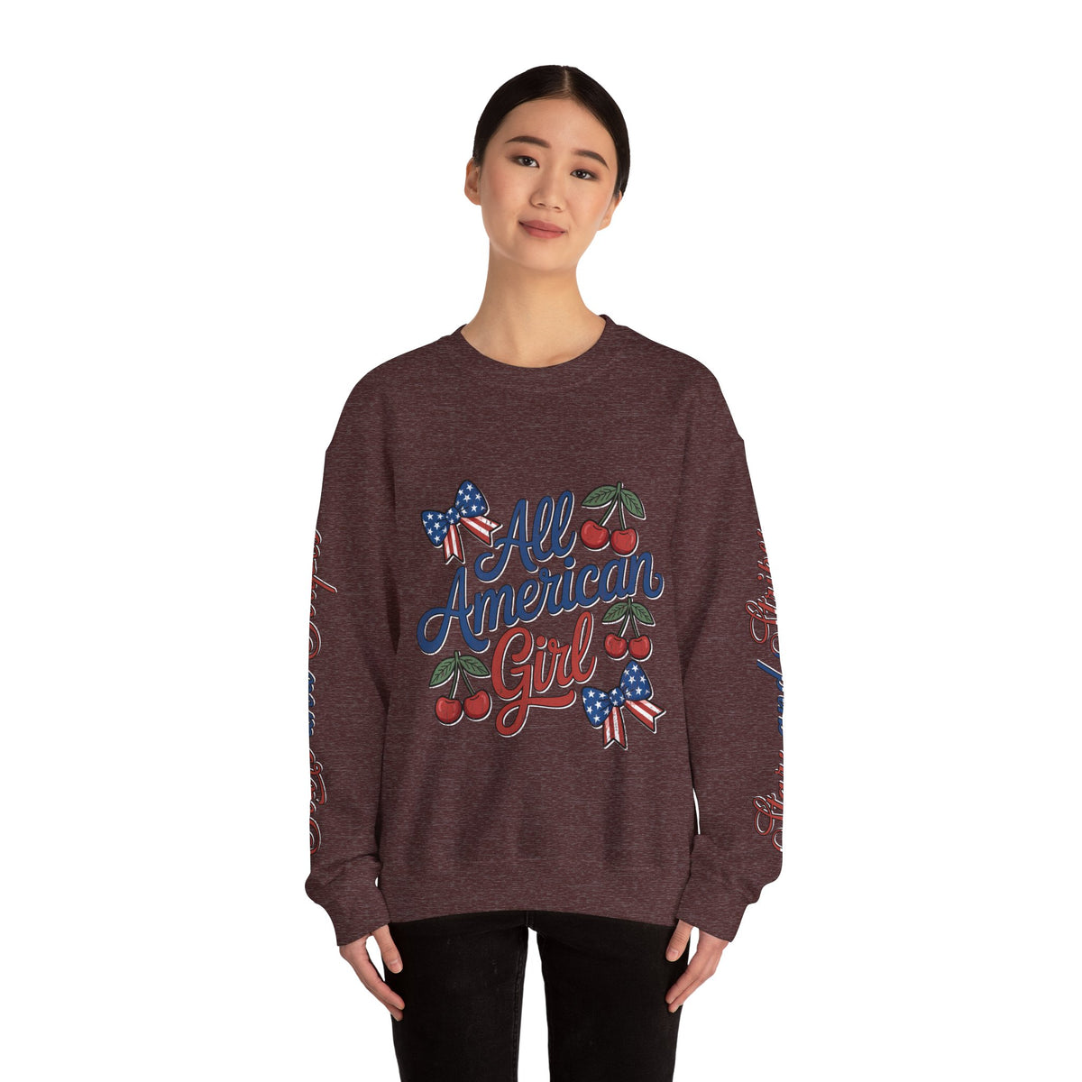 All American Girl Sweatshirt, Patriotic Womens Pullover, USA Flag Cherry Top, Vintage Americana Style, Fourth of July Gift