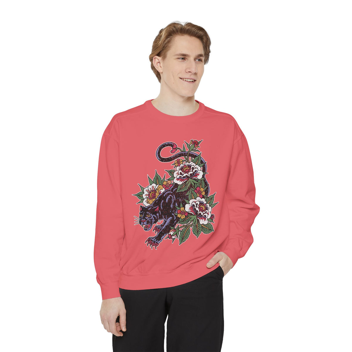 Traditional Panther Graphic Sweatshirt, Floral Tattoo Pullover for Men and Women, Old School Big Cat Top