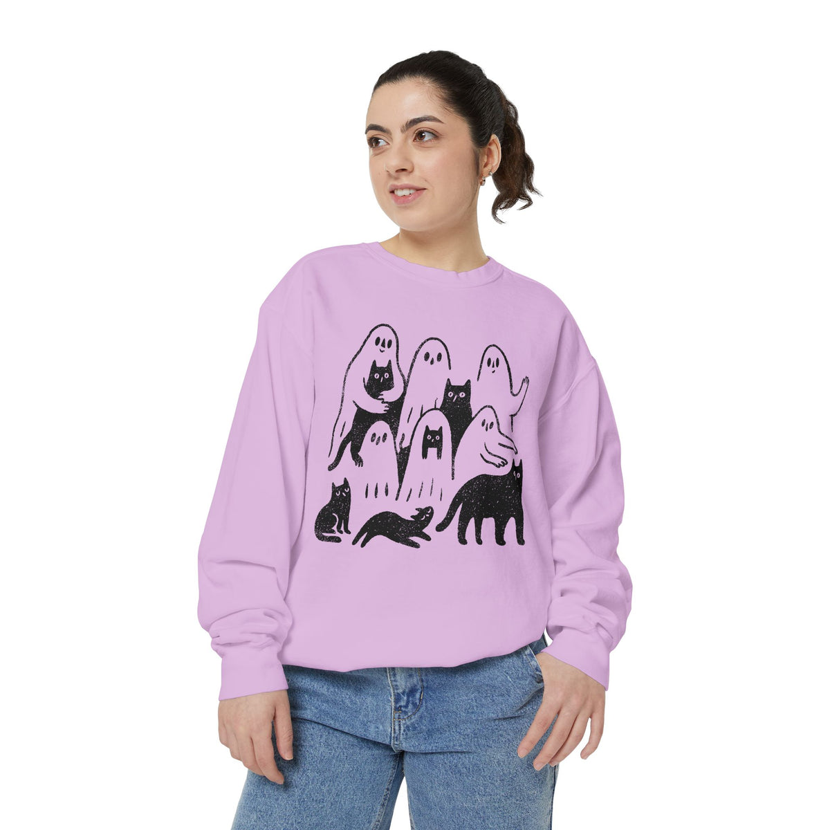 Ghost Cat Halloween Sweatshirt, Cute Spooky Cats and Ghosts Pullover, Cozy Pet Lover Gift, Minimal Black and White Fall Outfit for Women
