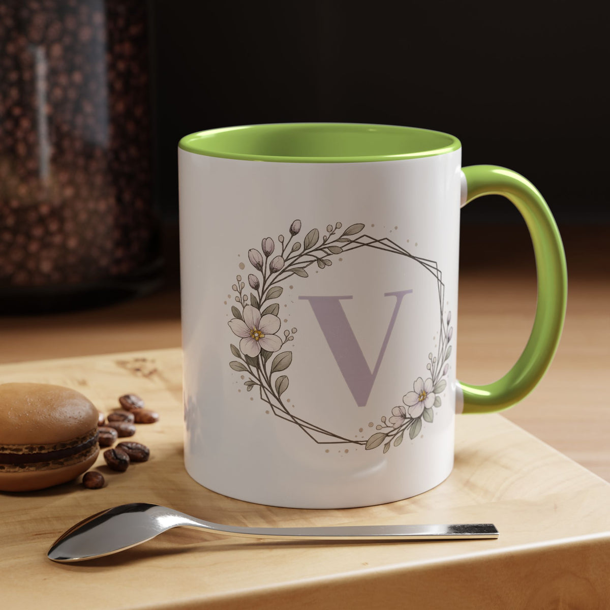 Letter V Monogram Mug, Floral Initial Coffee Mug for Women, Botanical Alphabet Cup, Minimalist Monogram Gift, Personalized Letter Mug