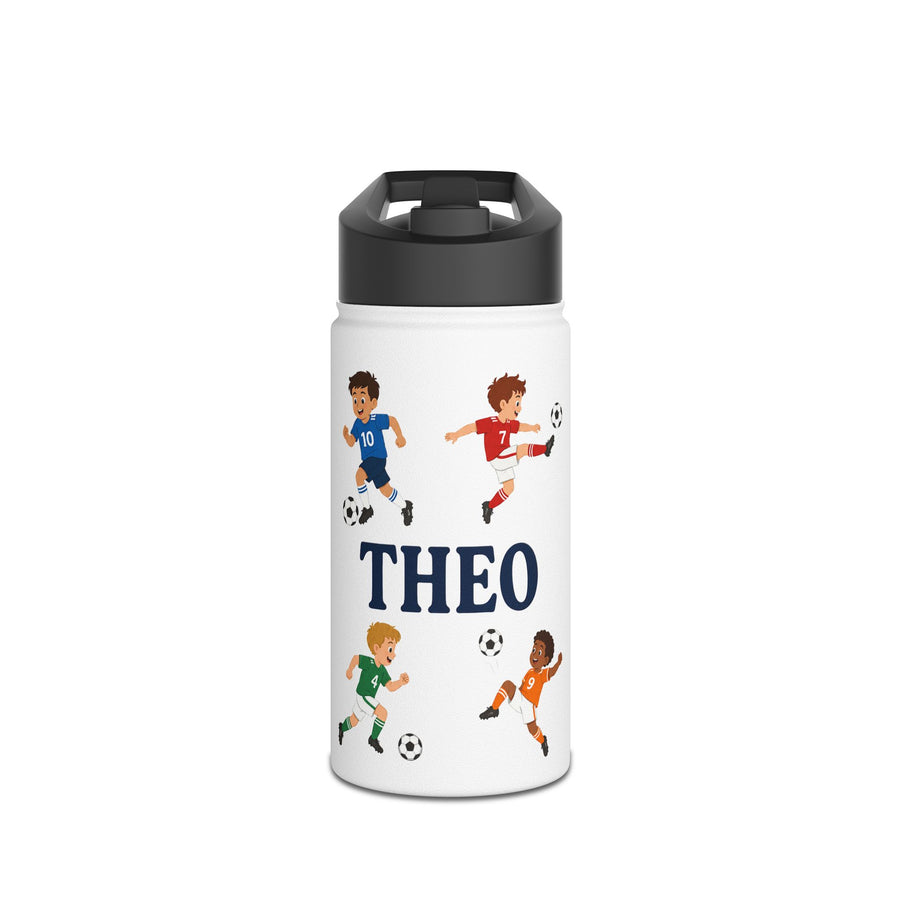 White water bottle with a black lid, printed with the name Theo in navy block capitals among four cartoon boys in different football kits, each one running or kicking a ball.