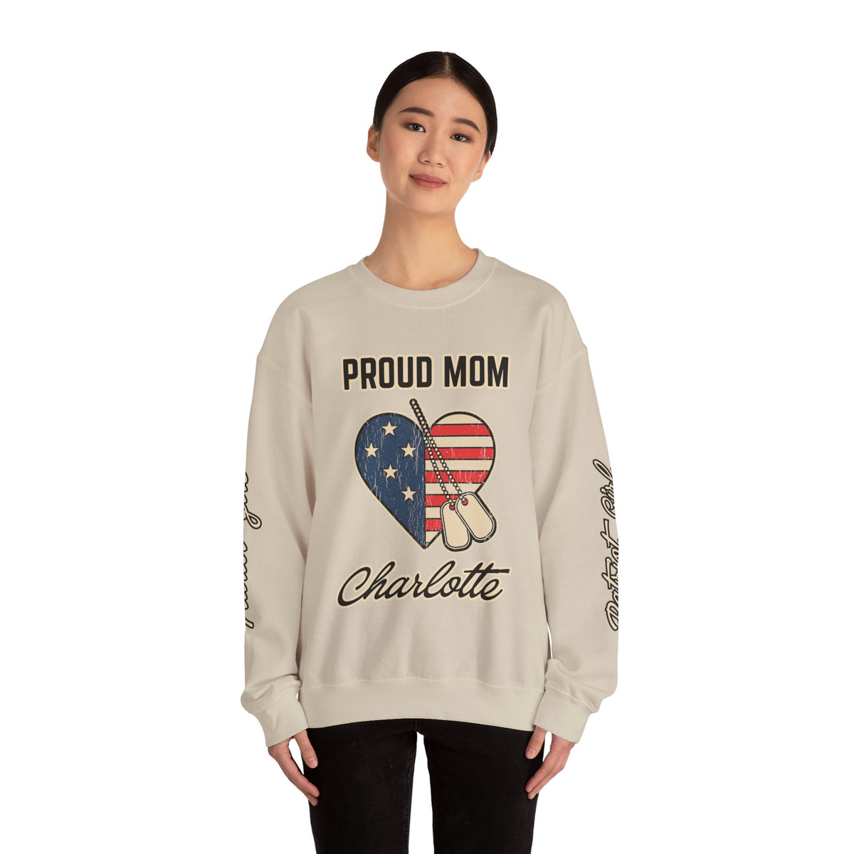 Personalized Proud Mom Sweatshirt, Custom Military Mom Pullover, American Flag Heart Crewneck, Military Mom Gift, Patriotic Mother Shirt