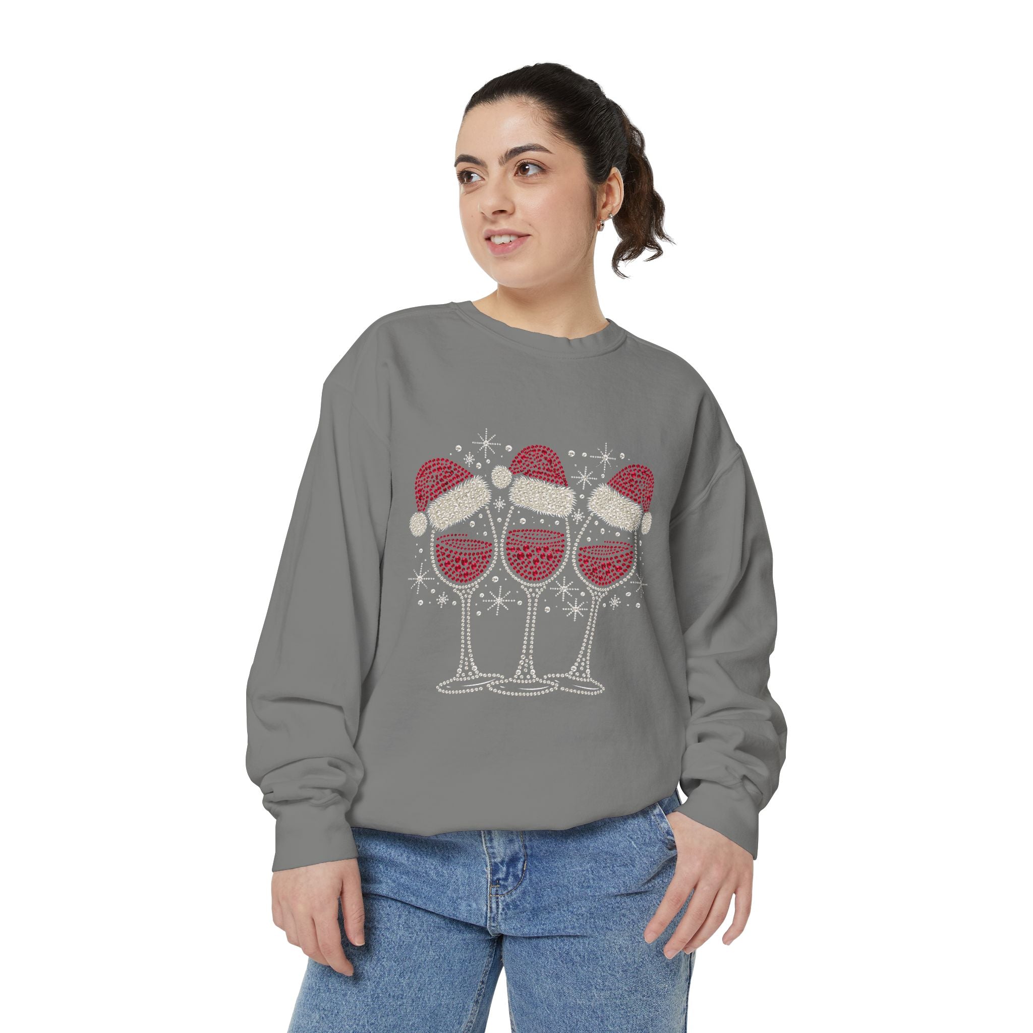 Christmas Wine Glass Sweatshirt, Rhinestone Style Santa Hat Crewneck, Sparkly Holiday Party Pullover, Wine Lover Gift for Girls Night