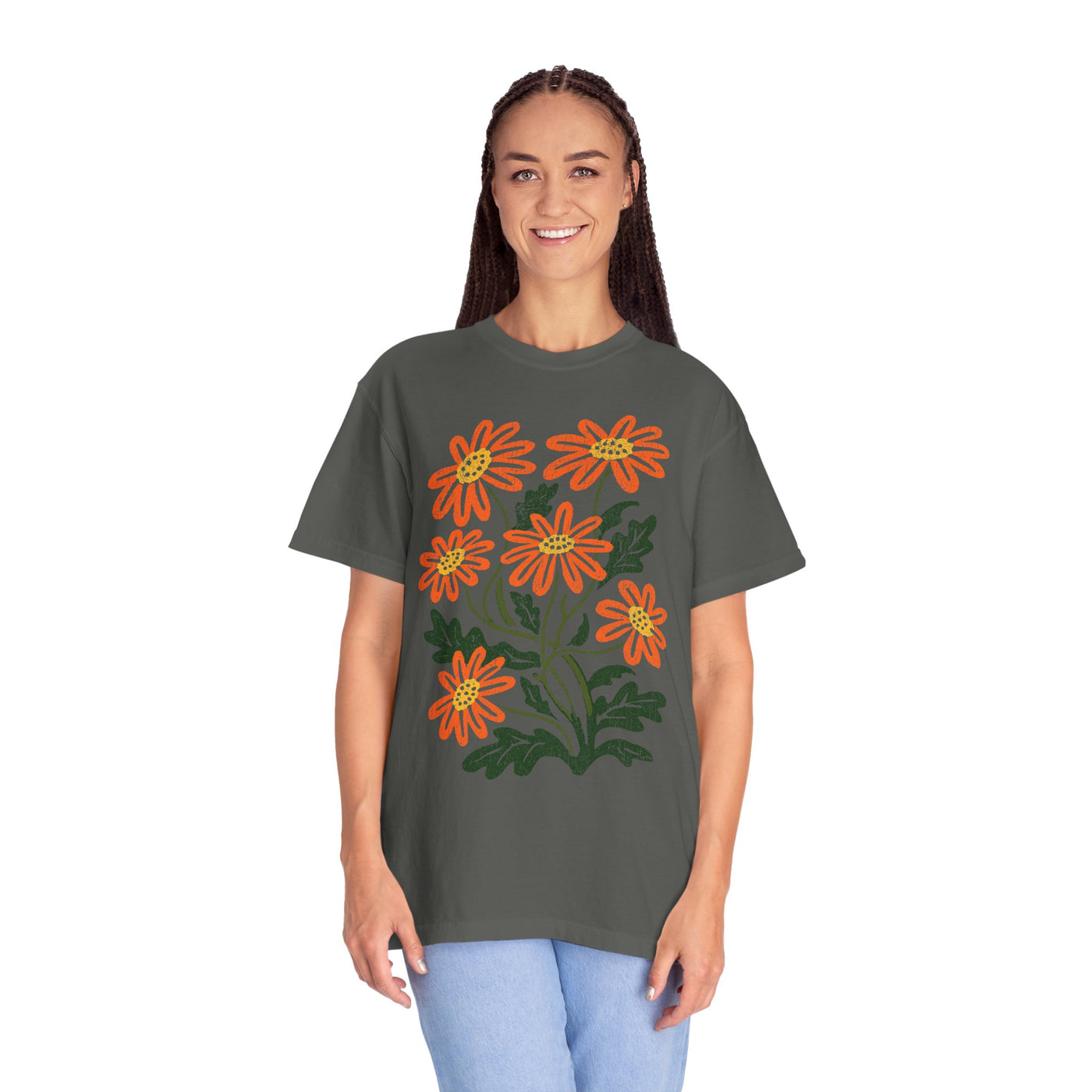 Orange Daisy Graphic Shirt, Retro Floral T-Shirt for Flower Lovers, Groovy Botanical Tee, Cheerful Garden Gift for Women and Gardeners