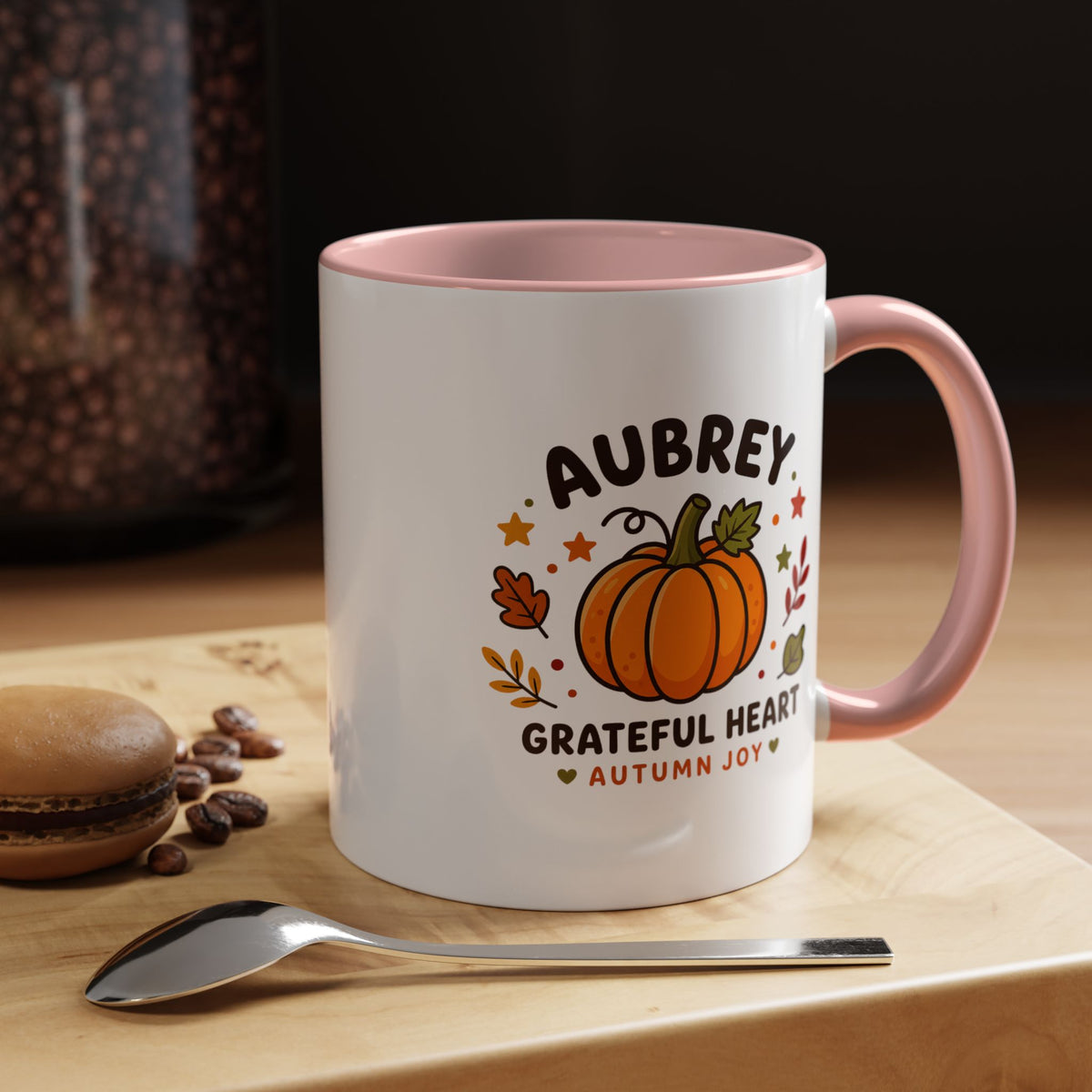 Personalized Pumpkin Name Mug, Custom Aubrey Fall Coffee Cup, Grateful Heart Autumn Gift for Her, Thanksgiving Birthday Keepsake Gift