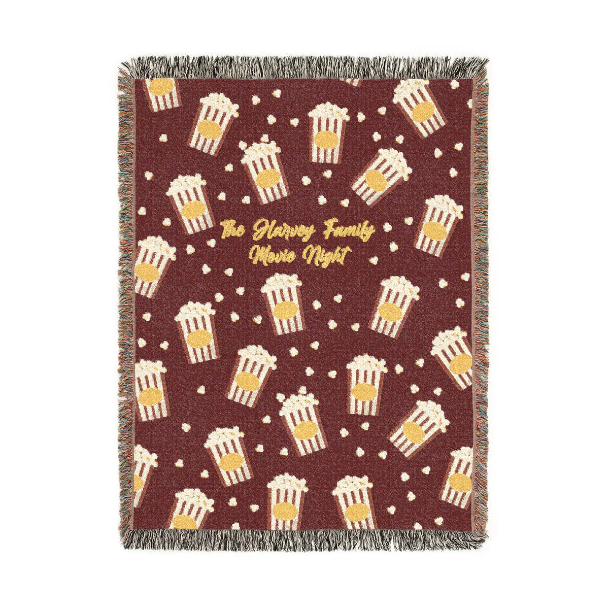 Personalized Family Movie Night Blanket, Popcorn Woven Throw, Custom Name Theater Decor, Cozy Cinema Gift for Families and Film Lovers