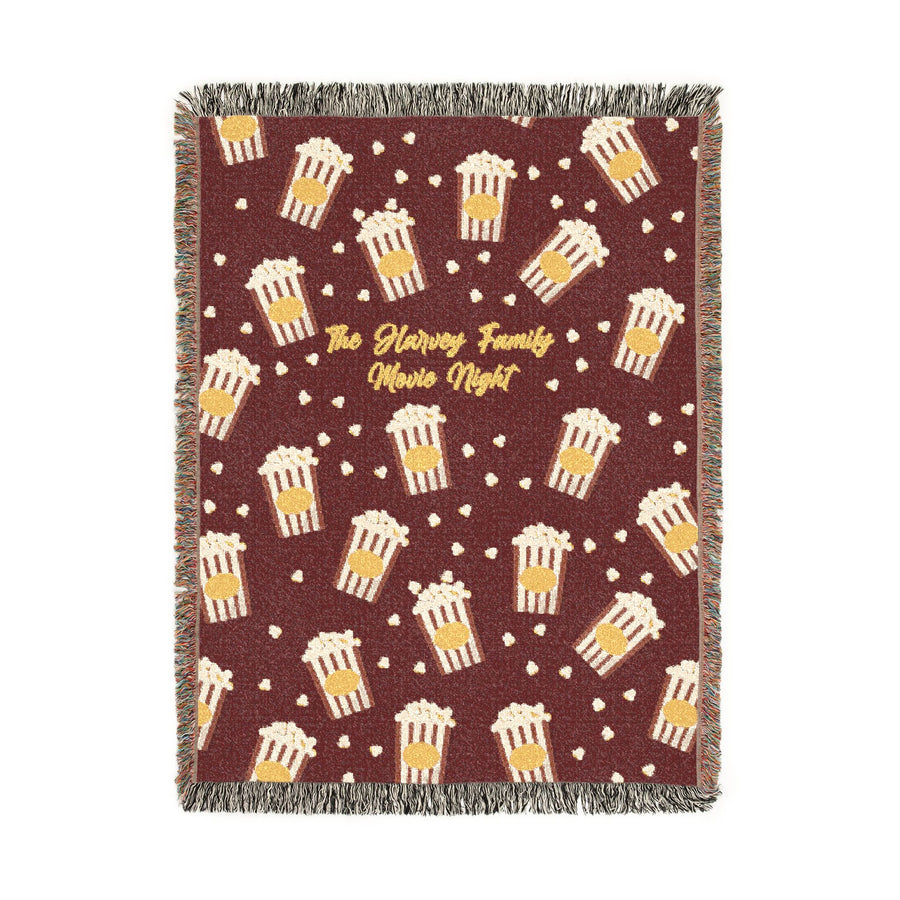 Personalized Family Movie Night Blanket, Popcorn Woven Throw, Custom Name Theater Decor, Cozy Cinema Gift for Families and Film Lovers