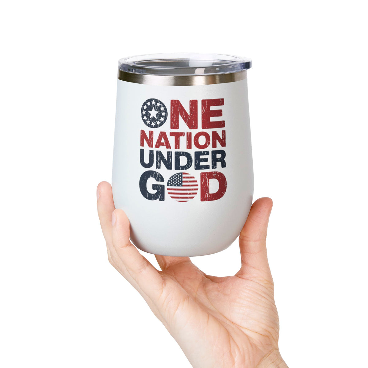 Patriotic Wine Tumbler, One Nation Under God Drinkware, American Pride Gift, Faith Inspired Gift for Her or Him, Red White Blue Cup