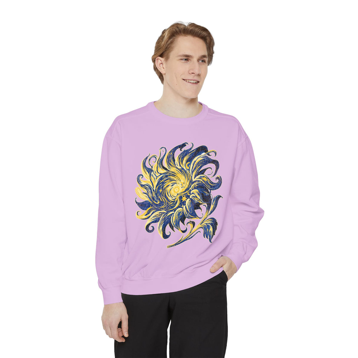 Celestial Sun Graphic Sweatshirt, Blue and Gold Cosmic Pullover, Mystical Night Sky Top, Astrology Gift for Stargazers and Dreamers