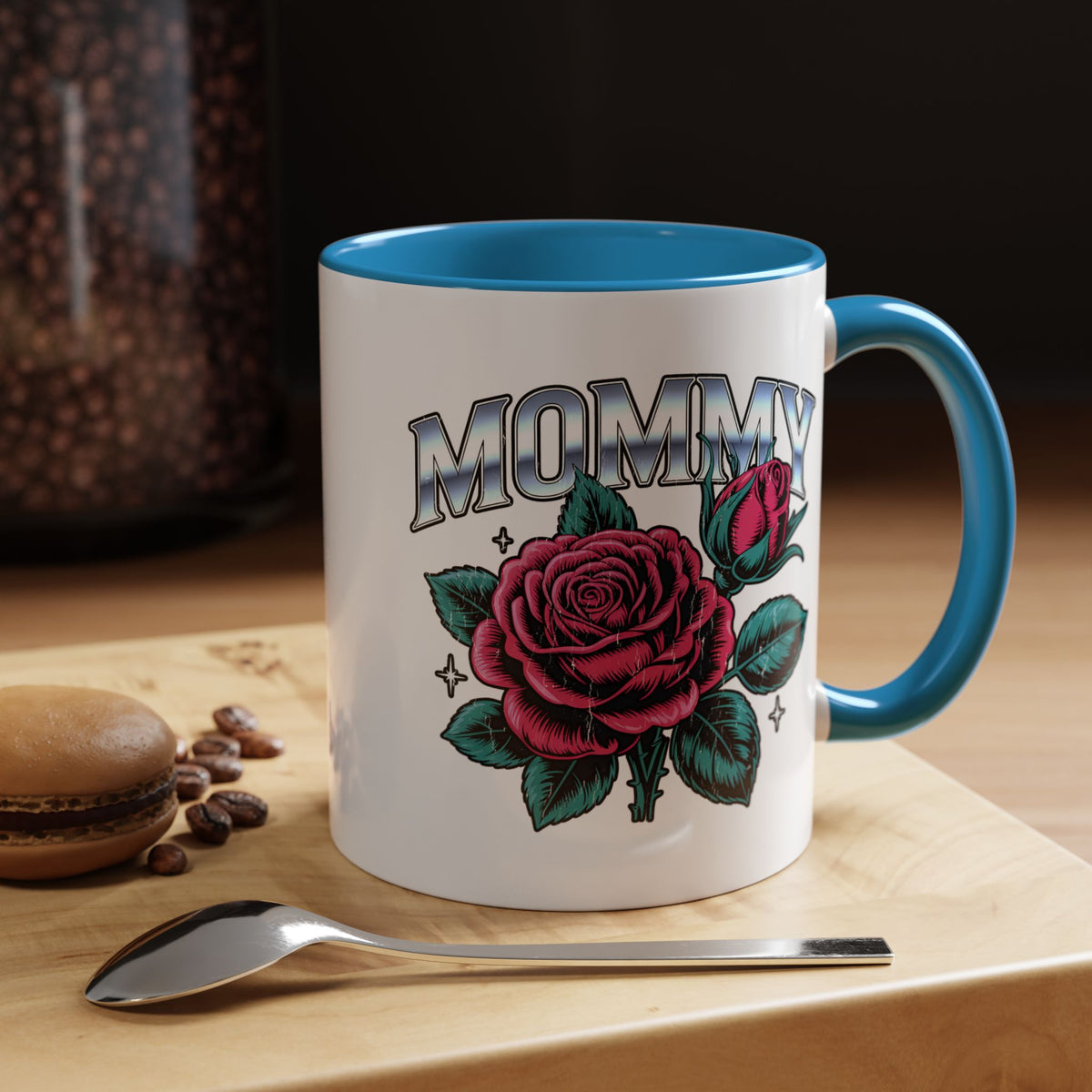 Mommy Coffee Mug, Pink Rose and Teal Leaf Design with Silver Look Lettering, Mother's Day Gift for Mom or a Floral Birthday Present for Her