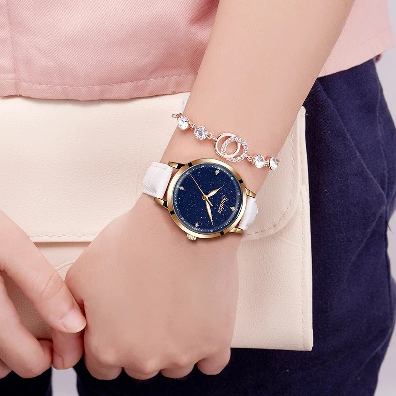 SUNKTA women's watch with dark blue starry dial and white leather strap