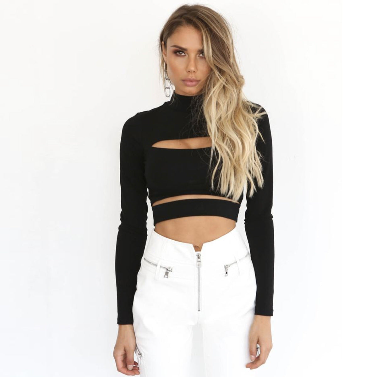 Autumn Winter Sexy Hollow Long Sleeve Turtleneck Ladies Top