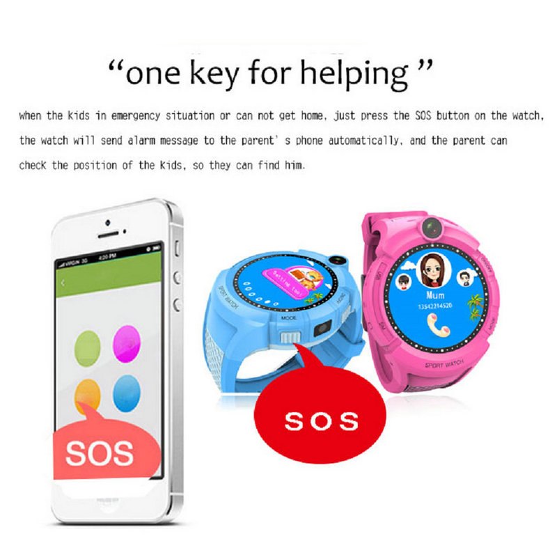Blue and pink kids GPS smart watch with camera and cartoon face display screen
