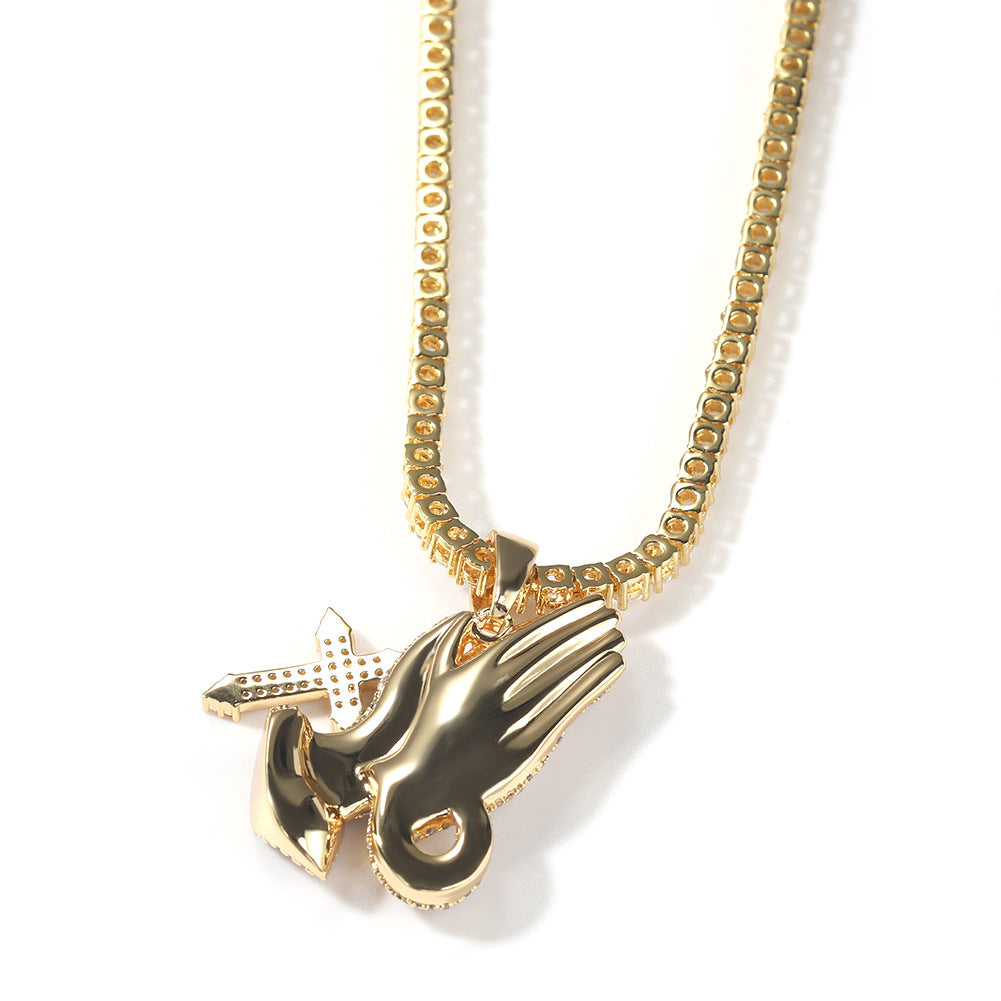 Full diamond hand cross pendant necklace European and American retro hip-hop rap popular accessory