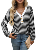 V-neck button top long sleeved color blocked T-shirt
