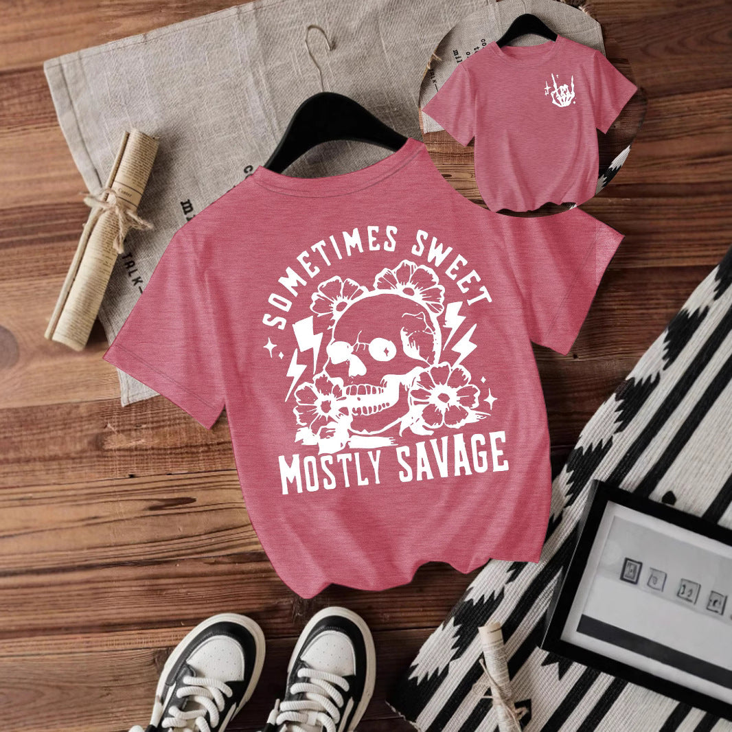 T-shirt women Halloween skull round neck
