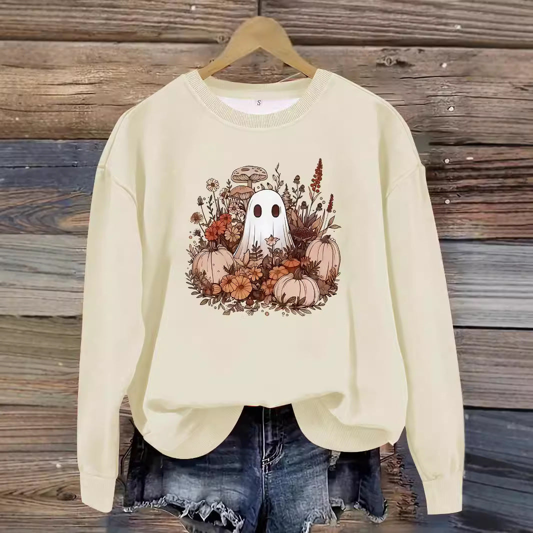 Round neck cartoon ghost print pullover sweatshirt sweatshirt sweatshirt