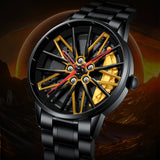 Black and gold quartz watch with a car wheel hub style dial and black stainless steel bracelet