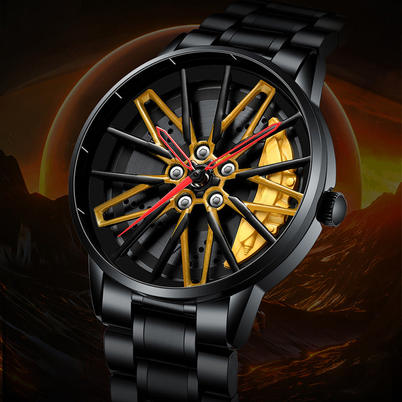 Black and gold quartz watch with a car wheel hub style dial and black stainless steel bracelet
