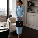 Stand-up Collar V-Neck Long Sleeve Fitted Bodycon Dress Evening Gown Luxury